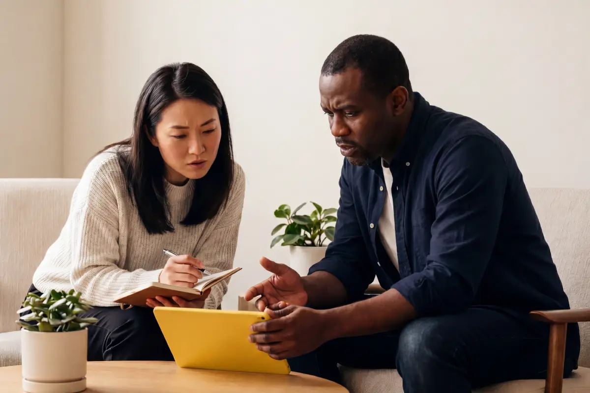 people sitting and looking at tablet screen